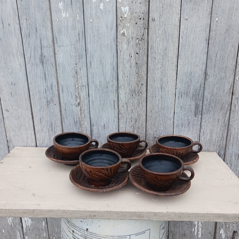 Unique Ornate Carved Clay 5 Cups With Saucers Mid Century Modern Vintage Brown